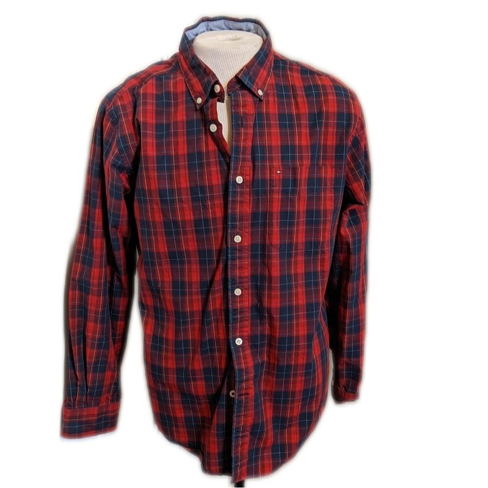 Tommy Hilfiger Red and Blue Plaid Casual Button Down Shirt